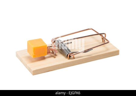 Mouse trap baited with a large piece of cheddar cheese.  Oblique view.  Studio close-up isolated on a white background. Stock Photo