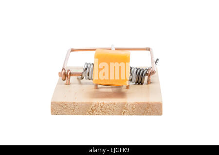 Mouse eye view of mouse trap baited with a large piece of cheddar cheese.  End view.  Studio close-up isolated on a white. Stock Photo