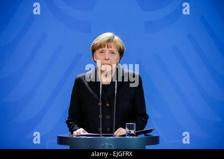 Berlin, Germany. 26th Mar, 2015. German chancellor give a statement after the terrible new news about the airplane crash - realized at the German Chancellery on March 26, 2015 in Berlin, Germany. / German Chancellor Angela Merkel during the statements after knows the first result of the investigations about the german airplane crash. Credit:  Reynaldo Chaib Paganelli/Alamy Live News Stock Photo