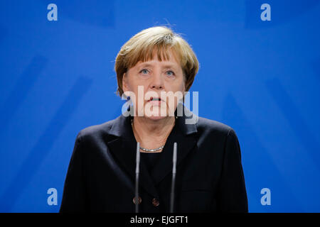 Berlin, Germany. 26th Mar, 2015. German chancellor give a statement after the terrible new news about the airplane crash - realized at the German Chancellery on March 26, 2015 in Berlin, Germany. / German Chancellor Angela Merkel during the statements after knows the first result of the investigations about the german airplane crash. Credit:  Reynaldo Chaib Paganelli/Alamy Live News Stock Photo