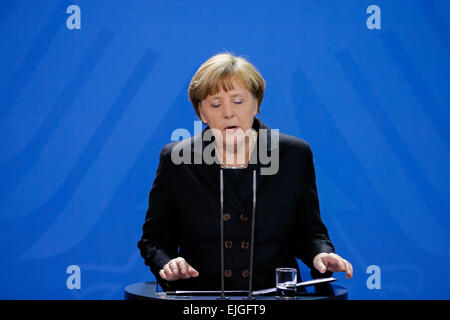 Berlin, Germany. 26th Mar, 2015. German chancellor give a statement after the terrible new news about the airplane crash - realized at the German Chancellery on March 26, 2015 in Berlin, Germany. / German Chancellor Angela Merkel during the statements after knows the first result of the investigations about the german airplane crash. Credit:  Reynaldo Chaib Paganelli/Alamy Live News Stock Photo