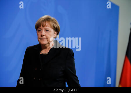 Berlin, Germany. 26th Mar, 2015. German chancellor give a statement after the terrible new news about the airplane crash - realized at the German Chancellery on March 26, 2015 in Berlin, Germany. / German Chancellor Angela Merkel during the statements after knows the first result of the investigations about the german airplane crash. Credit:  Reynaldo Chaib Paganelli/Alamy Live News Stock Photo