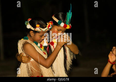 Children performing in an Amerindian dance group, Apura, Suriname Stock Photo