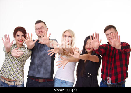 a group of young people, students stand together, show the palm Stock Photo