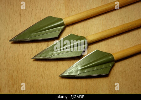 Broadhead arrowtips for big game hunt purpose on wooden arrow shafts. Stock Photo