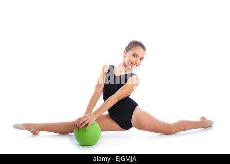 Kid girl ball rhythmic gymnastics exercise on white background Stock Photo