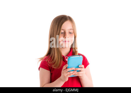blond kid girl smiling writing fingers smartphone phone on white background Stock Photo