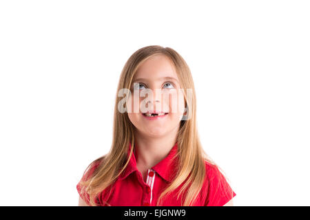 blond indented girl looking up gesture in white background Stock Photo