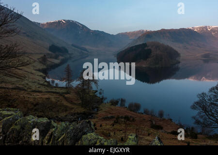 Scene looking over Haweswater to High Street at sunrise in spring, The English Lake District, UK Stock Photo