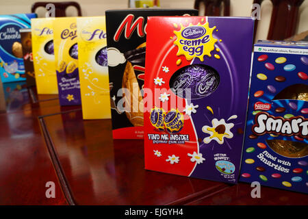 a selection of childrens easter eggs in cardboard packaging Stock Photo