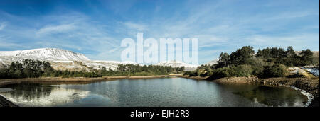 Winter scenes at Upper Neuadd Reservoir in Brecon Beacons, South Wales with snow on mountains Stock Photo