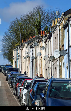 Cars parked outside homes in Truro, Cornwall, UK Stock Photo