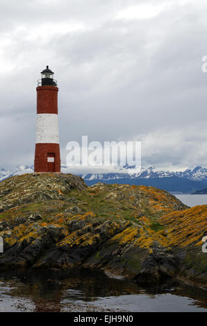 Les Eclaireurs Lighthouse on a small islet, 5 nautical miles east of Ushuaia in the Beagle Channel, Tierra del Fuego Stock Photo