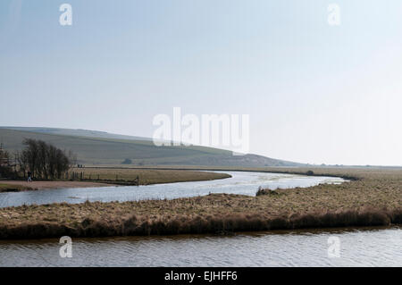 A view of the Cuckmere Valley looking across towards the Seven Sisters cliffs Stock Photo