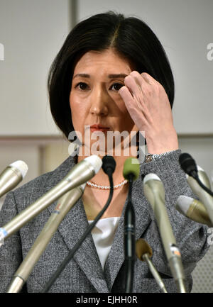 Tokyo, Japan. 27th Mar, 2015. President Kumiko Otsuka of major Japanese furniture retailer Otsuka Kagu Ltd. speaks during a news conference in Tokyo following its annual shareholders' meeting on Friday, March 27, 2015. In a proxy fight over management, the companys founder and chairman, Katsuhisa Otsuka, 71, sought to overthrow his daughter, Kumiko, but shareholders voted down the chairman's proposal and selected a board favorable to his daughter. © Natsuki Sakai/AFLO/Alamy Live News Stock Photo