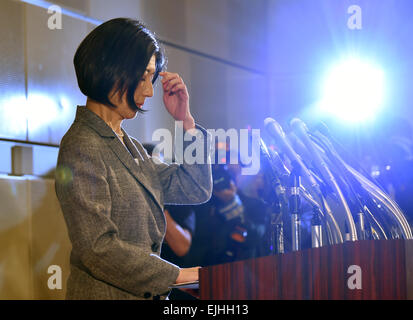 Tokyo, Japan. 27th Mar, 2015. President Kumiko Otsuka of major Japanese furniture retailer Otsuka Kagu Ltd. speaks during a news conference in Tokyo following its annual shareholders' meeting on Friday, March 27, 2015. In a proxy fight over management, the companys founder and chairman, Katsuhisa Otsuka, 71, sought to overthrow his daughter, Kumiko, but shareholders voted down the chairman's proposal and selected a board favorable to his daughter. © Natsuki Sakai/AFLO/Alamy Live News Stock Photo