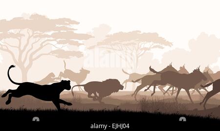 EPS8 editable vector cutout illustration of lions chasing a herd of wildebeest with all figures as separate objects Stock Vector