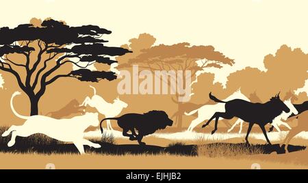 EPS8 editable vector cutout illustration of lions chasing a herd of wildebeest Stock Vector