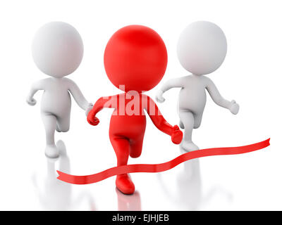 3d image. Red people crossing the finishing line. Succes concept. Isolated white background Stock Photo