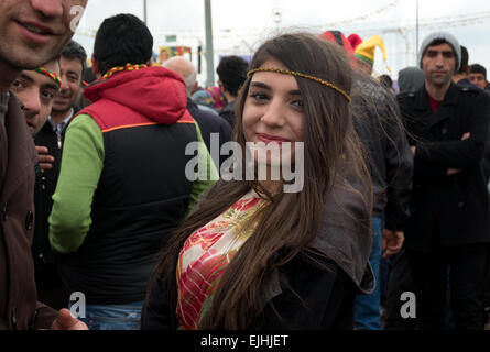 Kurds celebrating Newroz (Kurdish New Year) in Diyarbakir, Turkish Kurdistan, Turkey. Portrait of happy Kurdish girl smiling at camera Stock Photo