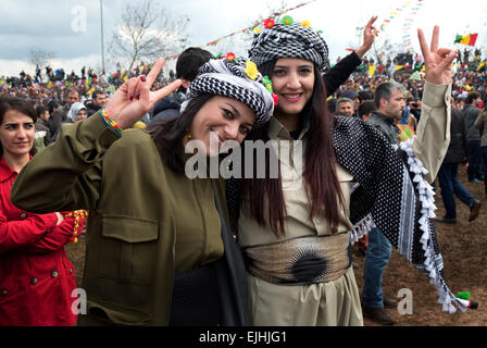 Kurds celebrating Newroz, the Kurdish New Year in Diyarbakir, Turkish Kurdistan, Turkey. Happy young Kurdish women smiling at camera Stock Photo
