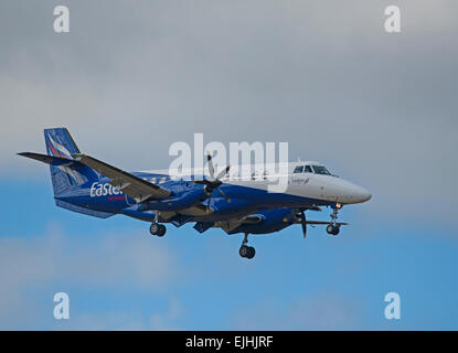 Eastern Airways BAe Jetstream 4120 arriving at RAF Lossiemouth with a crew change for fast jets.  SCO 9664. Stock Photo