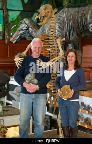 Dinosaurland Fossil Museum in Lyme Regis,Dorset,UK with owners Steve & Jenny Davies with a fossilised cave bear, mamouth tusks and ammonites. Stock Photo