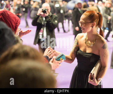 Berlin, Germany. 26th Mar, 2015. Swiss singer Stefanie Heinzmann arrives at the 24th Echo 2015 music awards in Berlin, Germany, 26 March 2015. The Echos are awarded for the must successful music productions. PHOTO: Matthias Balk/dpa/Alamy Live News Stock Photo