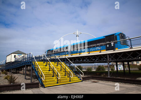 Pier railways in Southport, Merseyside UK. The north-west tourist attraction shut down after Easter in 2015. The blue Southport Pier Train, a twin-section articulated, battery-powered tram car, will be sold or dismantled. The train, which cost £300,000, was installed on the pier on July 25, 2005. The Victorian iron pier appears to be unable to withstand the train's weight. The Pier was previously closed in July 2013 due to cracks in the supports. Stock Photo