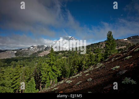 OREGON - The South Sister after a mid-summer snow storm from trail to Green Lakes in the Three Sisters Wilderness area near Bend Stock Photo