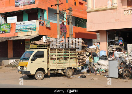 Collecting recycling materials in Pondicherry, Tamil nadu, India. Stock Photo