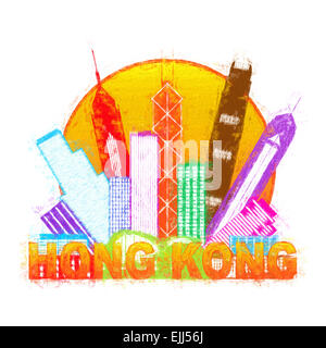 Hong Kong City Skyline in Circle Color Outline Isolated on White Background Impressionist Illustration Stock Photo