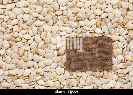 Tag made of burlap lies against the backdrop of pumpkin seeds, with place for your creativity Stock Photo