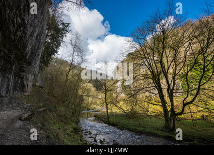 Dramatic limestone cliff beside the river Wye in Chee Dale, Derbyshire. Stock Photo