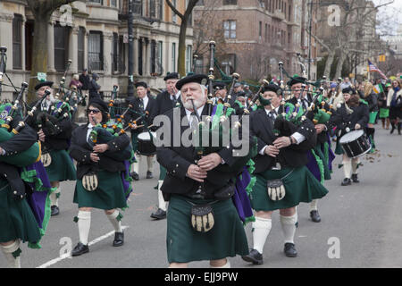 Clann Eireann Pipe Band march in the Irish American Parade in Park SLope, Brooklyn, New York. Stock Photo