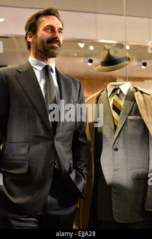 Washington, District of Columbia, US. 27th Mar, 2015. JON HAMM, who plays Don Draper on the hit series Mad men, stands by Draper's famous gray flannel suit and fedora at the Smithsonian Museum of American History Friday. Members of the show's cast were in town to donate more than 50 artifacts to the museum, inluding costumes, sletches and a script from the show, which ends this season. © Miguel Juarez Lugo/ZUMA Wire/Alamy Live News Stock Photo
