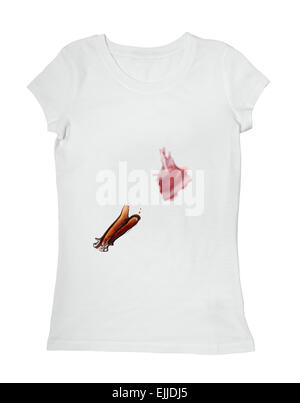 collection of various food stains from ketchup, chocolate, coffee and wine on white t shirt Stock Photo