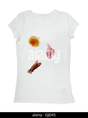 collection of various food stains from ketchup, chocolate, coffee and wine on white t shirt Stock Photo