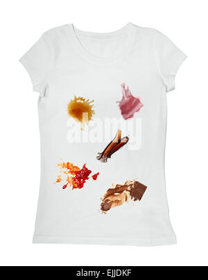 collection of various food stains from ketchup, chocolate, coffee and wine on white t shirt Stock Photo