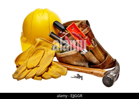 Carpenter tools, hammer, nails, screws, level, tape measure, screwdrivers, pliers and hacksaw isolated on black background Stock Photo