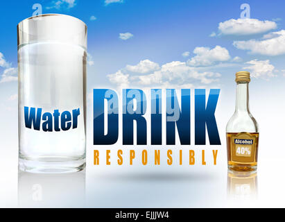A big glass of water, a small alcohol bottle and the text drink responsibly. Stock Photo