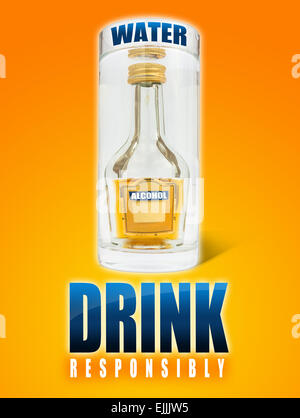 A big glass of water, a small alcohol bottle inside and the text drink responsibly. Stock Photo