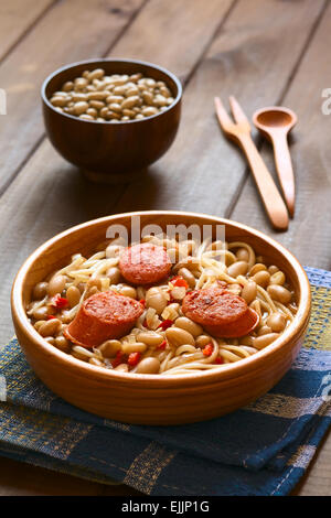 Traditional Chilean dish called Porotos con Riendas (English: beans with reins), made of cooked beans, linguine (flat spaghetti) Stock Photo