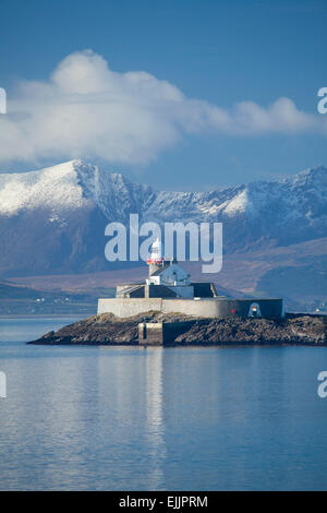 Fenit Island Lighthouse and the Brandon massif, Tralee Bay, Dingle Peninsula, County Kerry, Ireland. Stock Photo