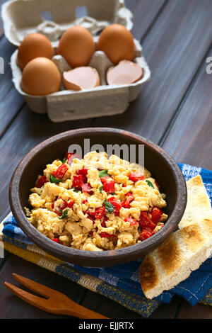 Scrambled eggs made with red bell pepper and green onion in rustic bowl with toasted bread on the side and eggs in the back Stock Photo