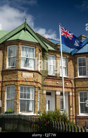 South Atlantic, Falklands, Port Stanley, Ross Road, Falklands flag flying at Jubilee Terrace Stock Photo