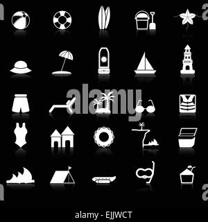 Beach icons with reflect on black background, stock vector Stock Vector