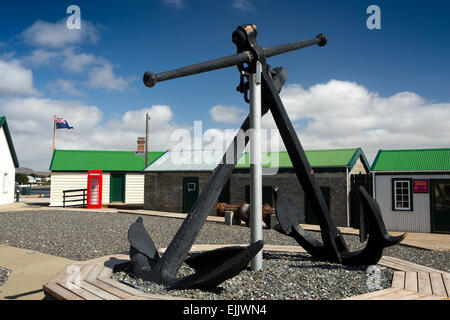 Falklands, Port Stanley, Historic, Dockyard Museum old wrought iron anchors courtyard display Stock Photo