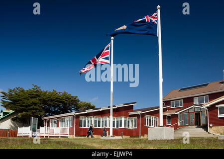 Falklands, Port Stanley, Falkland Islands and Union Jack flags outside Malvina House Hotel Stock Photo