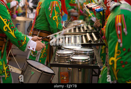 Percussion musicians take part in the Carnival parade of comparsas at Badajoz, Spain Stock Photo